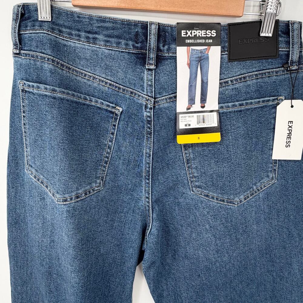 Express Embellished Stud Straight Leg Jeans NWT Size 8 Medium Wash Gold Studs - Picture 7 of 12